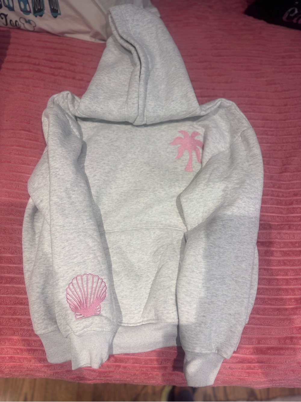 Women's Light Gray Hoodie with Pink Shell & Palm Motifs